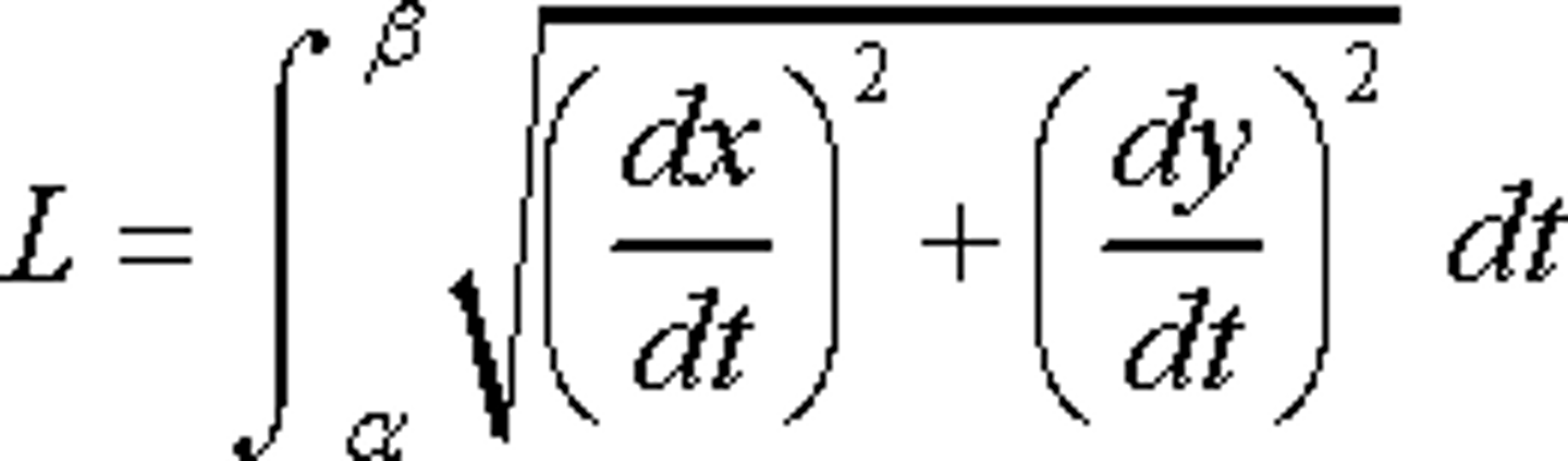 <p>total distance= ∫|v(t)|<br>=<br>∫ √ (dx/dt)² + (dy/dt)² over interval from a to b<br><br>(integral of speed=total distance. integral of previous equation)</p>