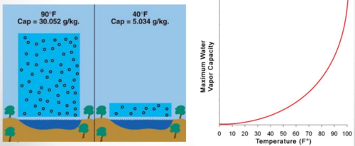 <p>determines air circulation pattern, warm air has a higher ____ ____ ____ (humidity) and saturation point</p>