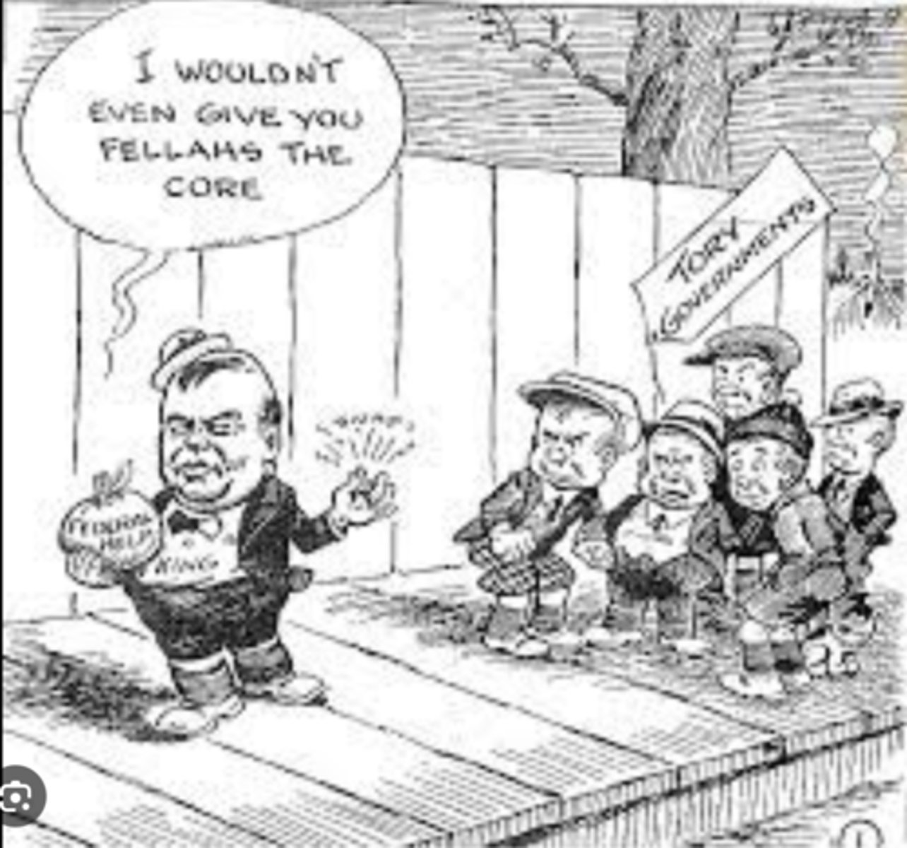 <p>in this address, PM Mackenzie King said that it was up to the provinces and municipal governments to deal with the depression, and that he would not give provinces led by Conservative leaders any money</p>