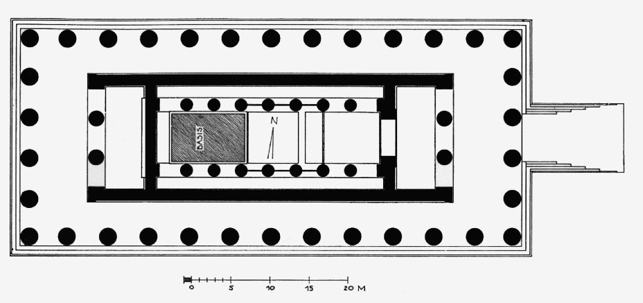 <p>Dorischer Peripterostempel</p><p>6/13</p><p>mit dreischiffiger Cella (Naos)</p><p>mit Vorhalle (Pronaos)</p><p>(vgl. Doppelantentempel)</p>