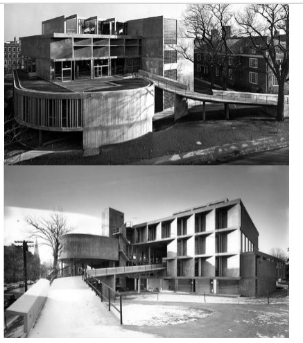 Carpenter Center for the Visual Arts, Harvard University, Central ramp – “Architectural promenade” – runs through the center 
of the building 
•Raw concrete
•Angled sun-breakers [influence of vernacular African architecture]
•The five levels of the building function as open and flexible working 
spaces for painting, photography, drawing, mixed media and 
sculpture, and the ramp through the heart of the building encourages 
public circulation and provides views into the studios, making the 
creative process visible through the building design