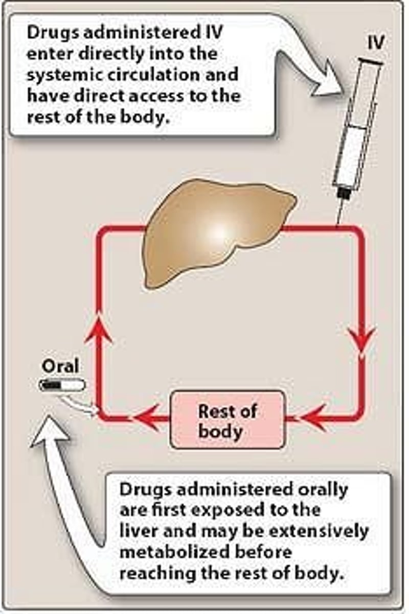 <p>IV drugs BYPASS First pass effect</p><p>- because it's 100% bioavailable as it's directly injected in the body's circulation through a vein.</p>