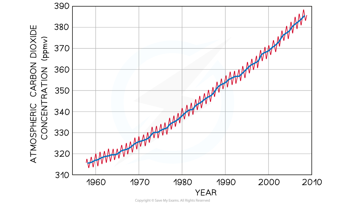 <ul><li><p>shows changes in atmospheric carbon dioxide levels measured at the Mauna Loa Observatory (ppmv = parts per million by volume)</p></li><li><p>yearly fluctuations shown in red are due to seasonal changes in photosynthesis rates, while the overall trend shown in blue is due to human combustion of fossil fuels</p></li></ul><p></p>