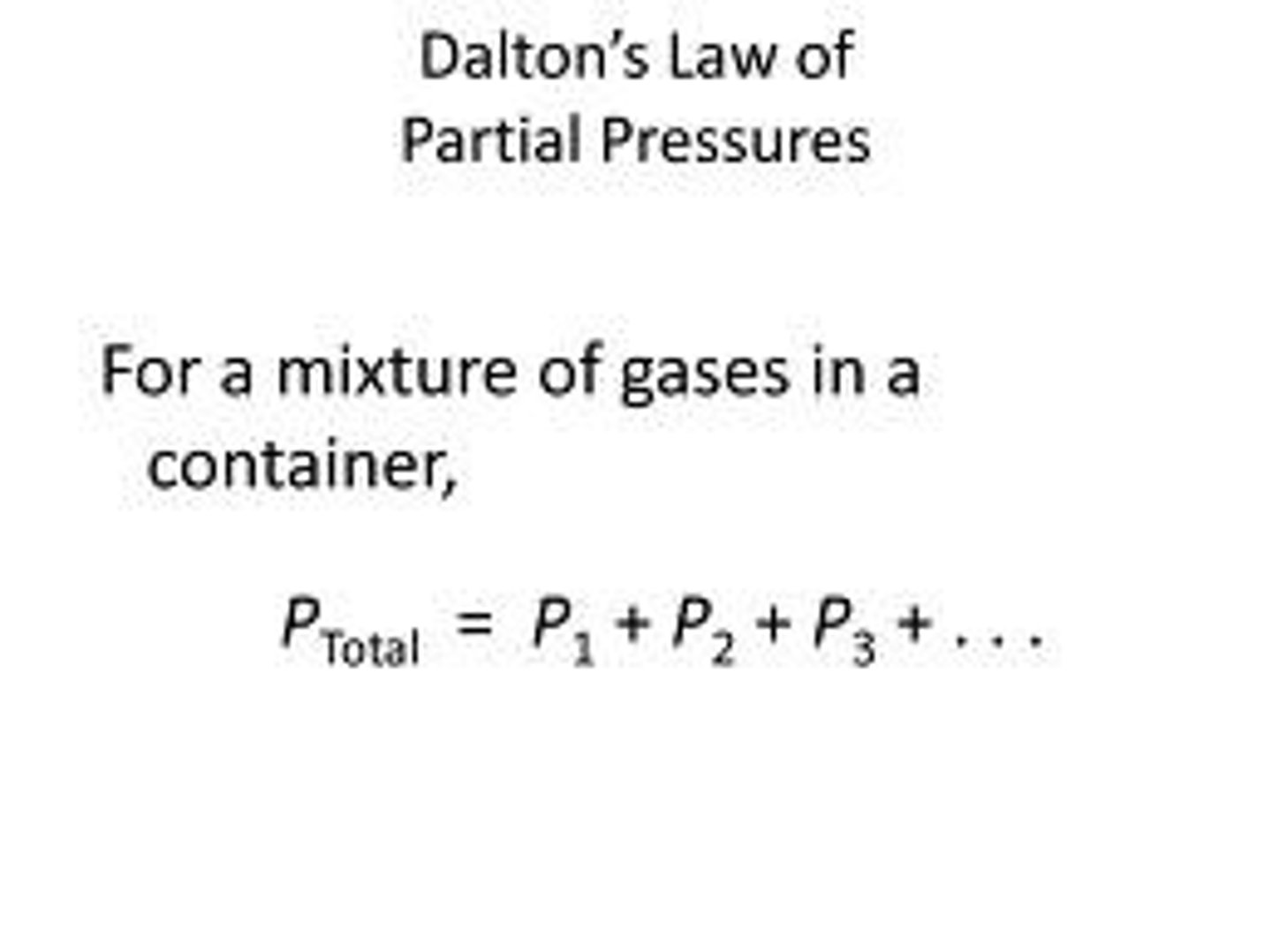 <p>at constant volume and temperature, the total pressure exerted by a mixture of gases is equal to the sum of the partial pressures of the component gases</p>