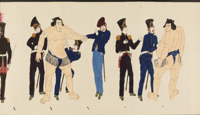 This Japanese print shows commodore Perry’s marines “testing the girth” of a sumo wrestler.