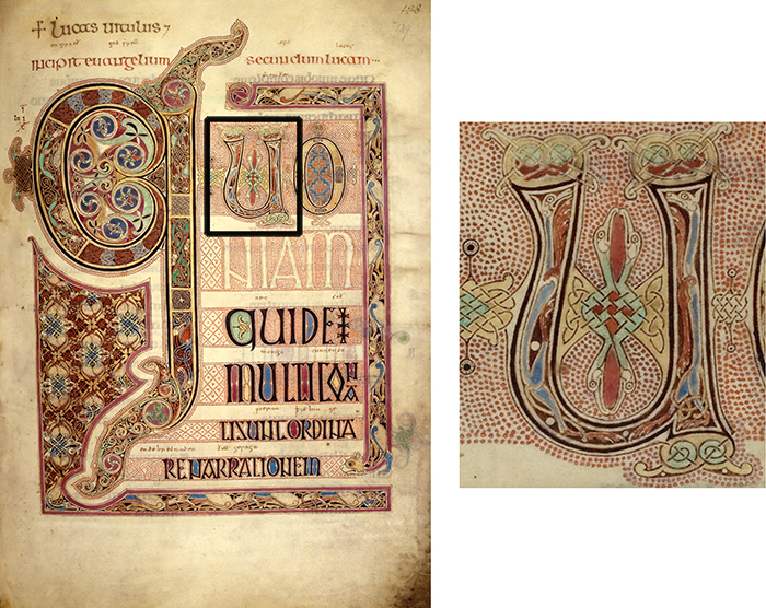Lindisfarne Gospels: St. Matthew cross carpet page, St. luke portrait and incipit page, Hiberno Saxon, Illuminated manuscript