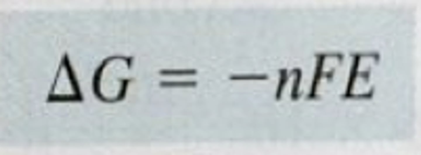 <p>∆G= free energy change</p><p>n= moles of e⁻</p><p>F= Faraday's constant (9.649 X 10⁴ C/mol)</p><p>E= Electric potential (volts)</p>