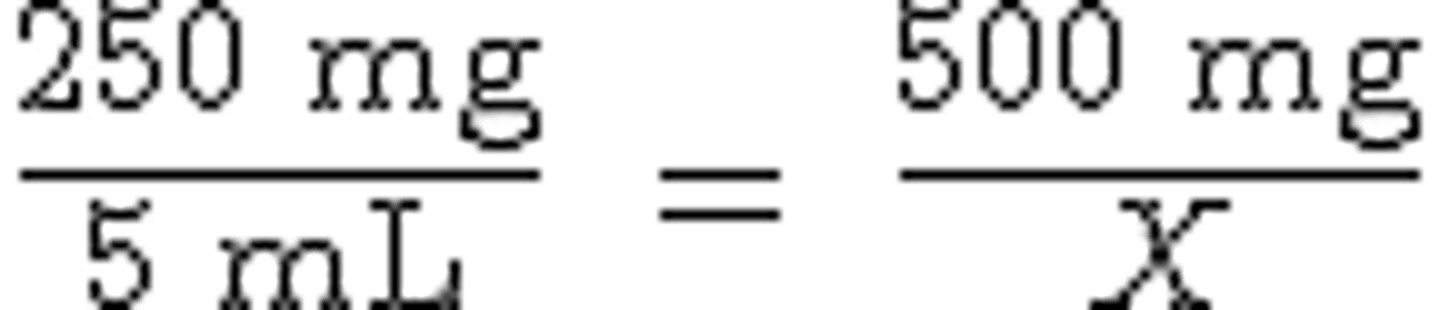 <p>Set up ratios that are equal to one another and cross-multiply to solve</p><p>dose ordered / amt to administer = dose on hand / quantity on hand</p><p>Ex: Example: Patient to be given 60 mg of toradol IM. The vial of toradol contains 30mg/1mL. How many milliliters will you administer?</p><p>Dose ordered: 60mg</p><p>Quantity on hand: 1mL</p><p>Dose on Hand: 30mg</p><p>60mg/ x mL = 30 mg / 1 mL = 30x =60 = x= 2 mL</p>