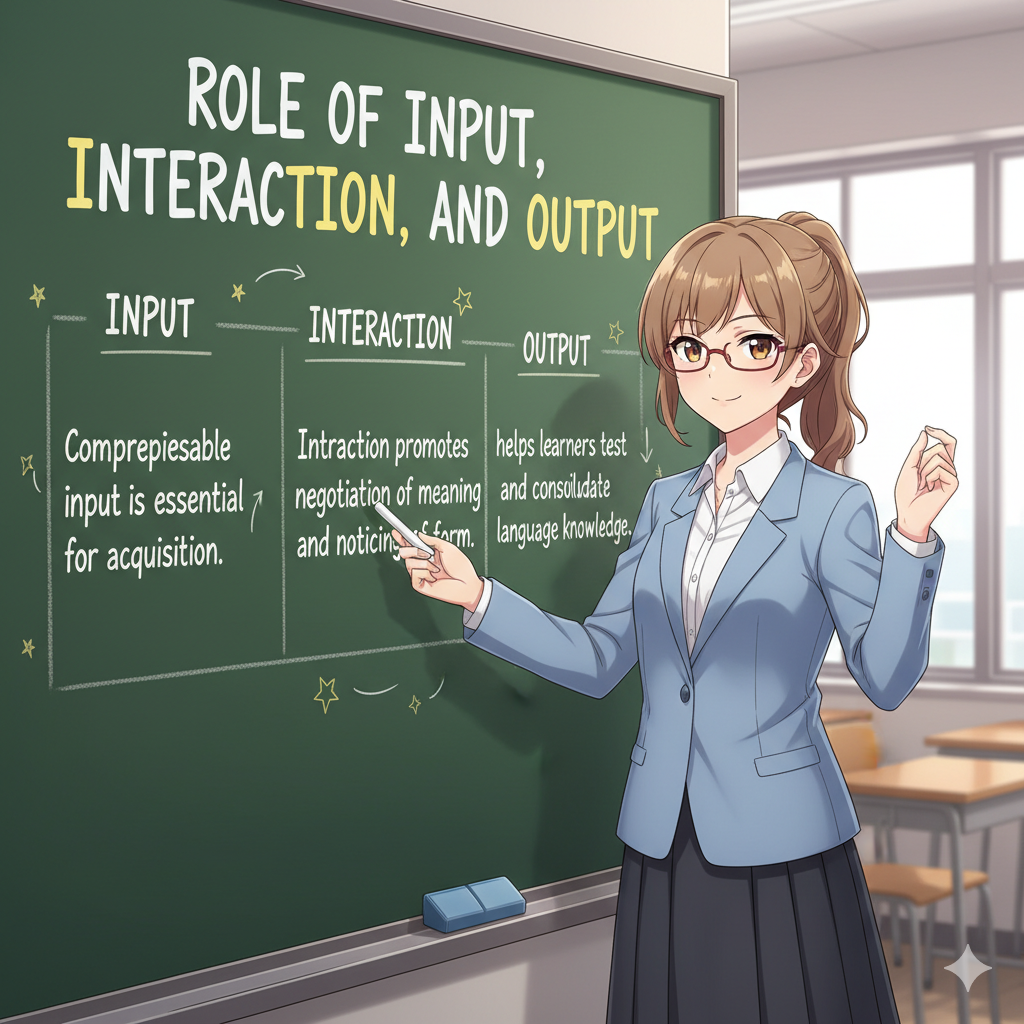 <ul><li><p>Comprehensible input is essential for acquisition.</p></li><li><p>Interaction promotes negotiation of meaning and noticing of form.</p></li><li><p>Output helps learners test hypotheses and consolidate language knowledge.</p></li></ul><p></p>