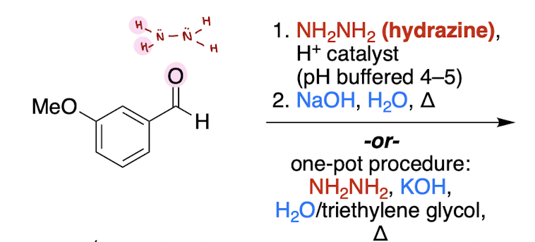 <p><strong>Wolff-Kischner reaction </strong>(reversible)<br>* only with Class A carbonyl</p><p>aldehyde/ketone [2] → ?</p>