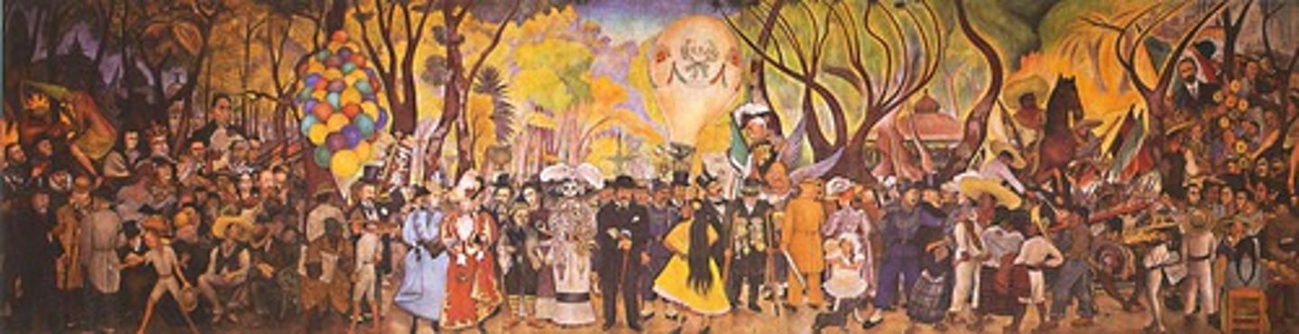 <p>1947-1948. Diego rivera. Fresco. Mexican muralisst<br>Similar working class theme like the constructive movement<br>Didactic, narrative , educate<br>HUGE! Figures LIFE SIZE, 50 by 13.<br>Depicts three eras of mexican history<br>LEFT: conquest/colonization<br>MIDDLE: porfilio diaz dictatorship<br>RIGHT: revolution of 1910<br>Almost ALL figures depicted played a role in mexican politics/leadership/culture<br>Some are recognizable portraits, some are allegorical<br>Colorful and didactic image, tell established and forgotten natarives<br>Artist painted himself as a child next to La Cavalera Catrina. (near his wife)<br>Horror vacui<br>Somewhat inspired by surrealism<br>Struggle of the masses (park is for upper class is enforced by police, poor is escorted out)<br>La Cavalera Catrina, vanity of the bourgeoise.</p>