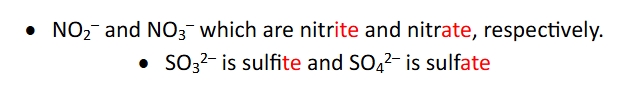 <p>class of polyatomic anions that contain one or more O atom and very common in the lab and nature. Two important series are look at picture</p>