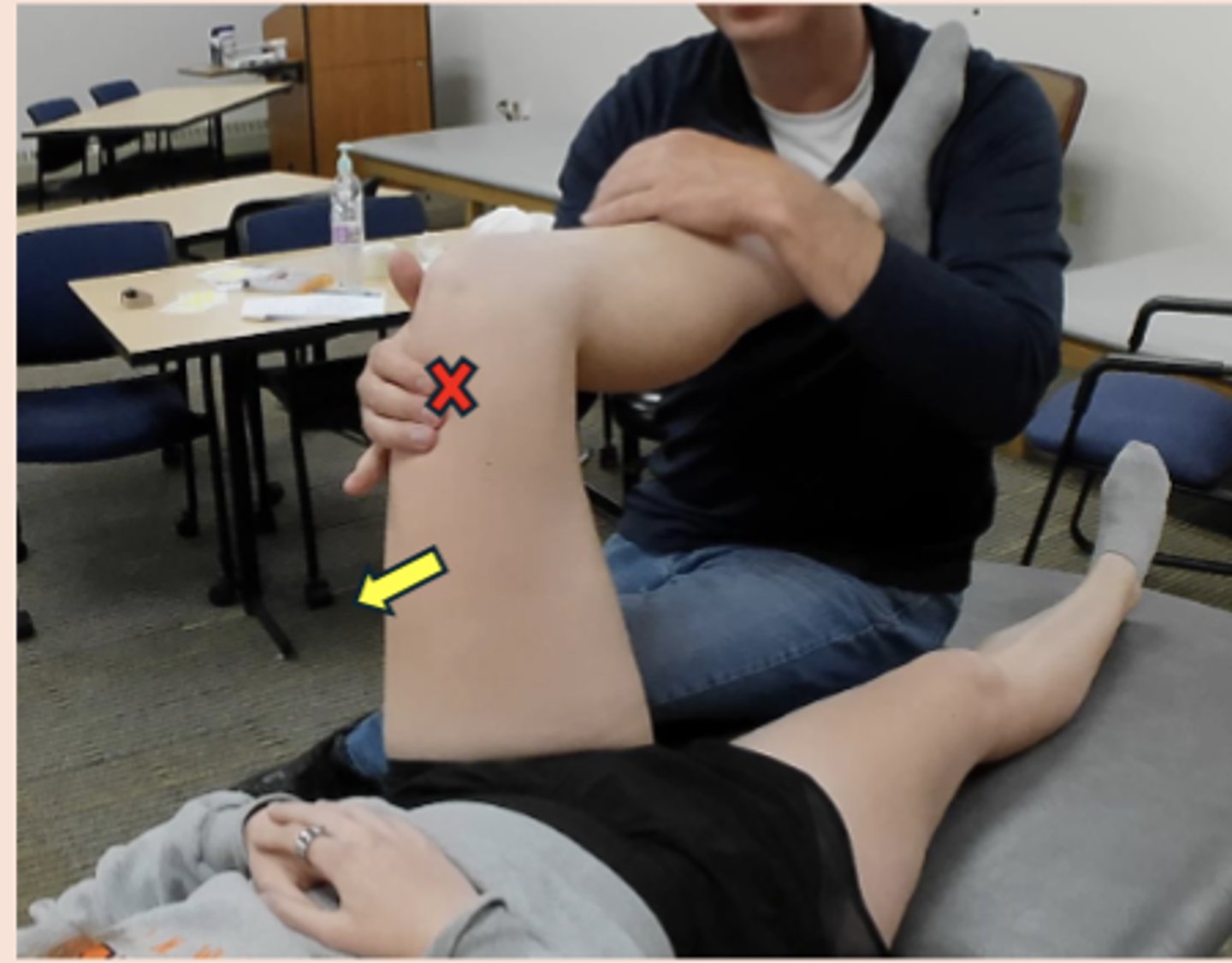 <p>- muscle energy technique</p><p>- patient in 90-90 position</p><p>- activate rectus femoris only</p><p>- PT prevents HS or TFL from activating</p><p>- 3x10 seconds</p>