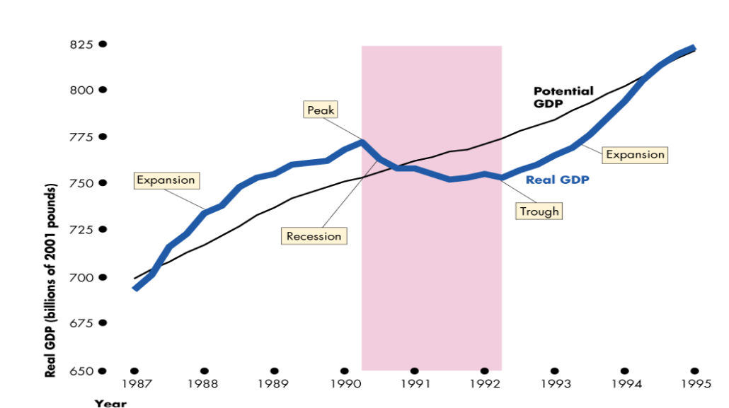 <p>Periodic but regular up and down movements in GDP, fluctuating around potential GDP</p>