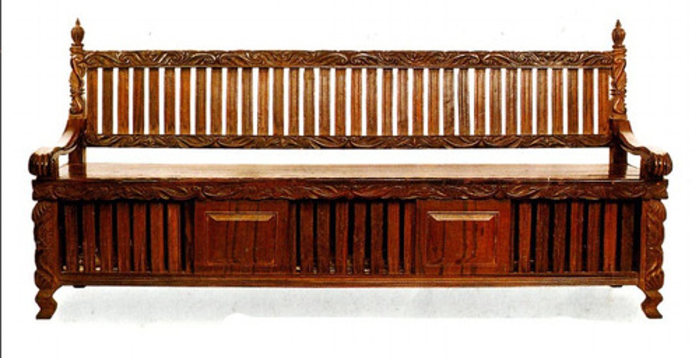 <p>Wooden sofa that features a cabinet compartment below the seat.</p>
