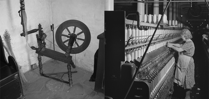 <p>The images shown illustrate the differences in scale of production for two methods of producing thread. Which of the following best describes advances in the production of textiles during the Second Agricultural Revolution and the Industrial Revolution?</p>