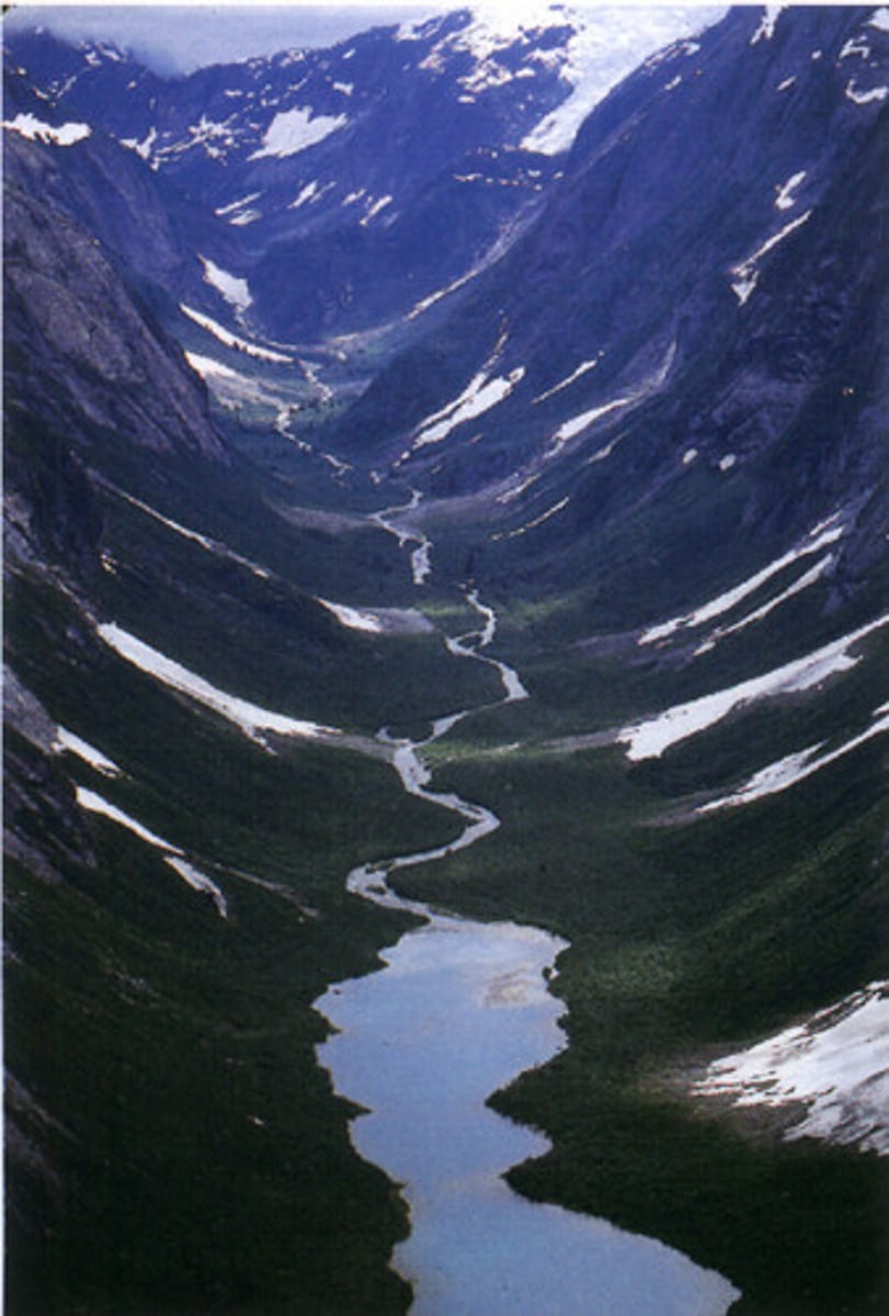 <p>A flowing glacier scoops out a U-Shaped valley</p>