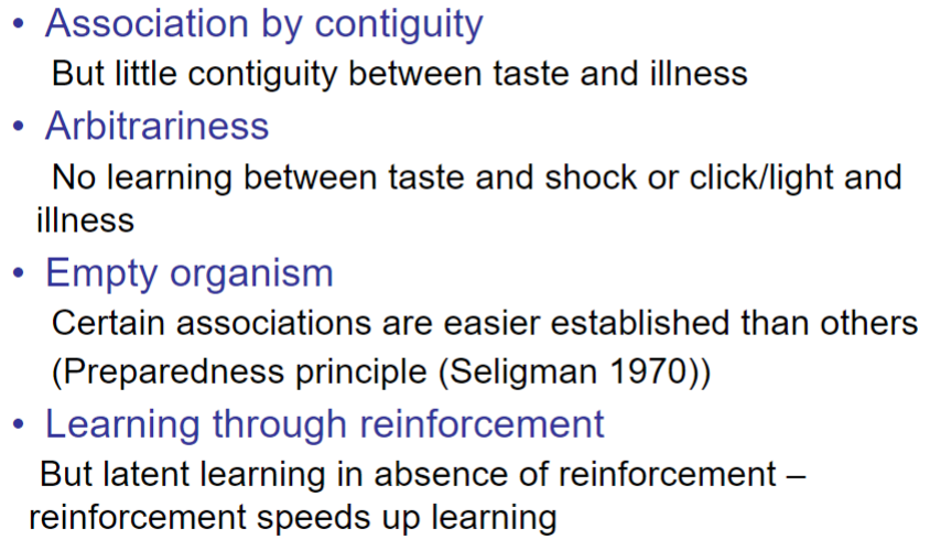 <ul><li><p>Learning through reinforcement</p></li><li><p>Association by <strong><em>contiguity</em></strong></p><ul><li><p>Co-occurrence in space and time</p></li></ul></li><li><p>Arbitrariness</p><ul><li><p>We can learn associations between any stimuli and between any response and outcome</p></li></ul></li><li><p>Empty organism</p><ul><li><p>Organism is black box – collection of associations</p></li></ul></li><li><p>Passive organism</p><ul><li><p>Learning happens TO the organism</p></li></ul></li></ul>