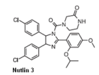 <ul><li><p>mimics the interaction of p53</p></li><li><p>displaces P53 from MDM2 w. nanomoleculer affinity</p></li><li><p>cis-imidizolines </p></li></ul>