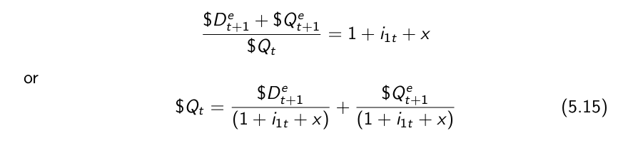 <p>Equilibrium requires that the expected rate of return from holding stocks for one year (left side) be the same as the rate of return on one-year bonds plus the equity premium x (right side):</p>