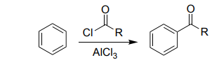 <ul><li><p>Benzene → <strong>aryl ketone</strong>.</p></li><li><p>No rearrangements.</p></li><li><p>Product deactivates the ring.</p></li><li><p>Clean one-substitution reaction.</p></li></ul><p></p>