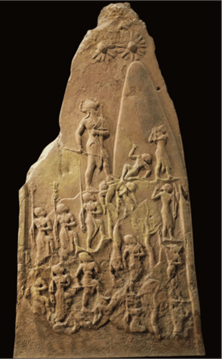<p>Iran, Akkadian, 2300-2150 BC. Sloping registers, king climbing a mountain conquering enemies. Shows Akkadian power and military might. Stars at the top represent divinity.</p>