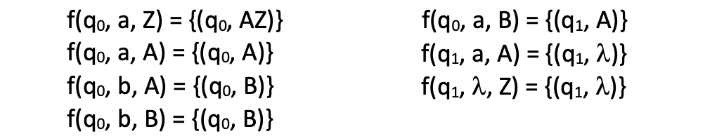 Dado el APV = ({a, b}, { Z, A, B}, {q0, q1}, Z, q0, f, Ø), con función de transición :

Indique cuál de las siguientes afirmaciones es cierta:

a. Se trata de un APv no determinista.

b. El lenguaje reconocido por el APv es el lenguaje vacío.

c. No es posible encontrar una Gramática en Forma Normal de Chomsky que genere el

lenguaje aceptado por el APv.

d. La palabra más corta reconocida por el APv es abaa
