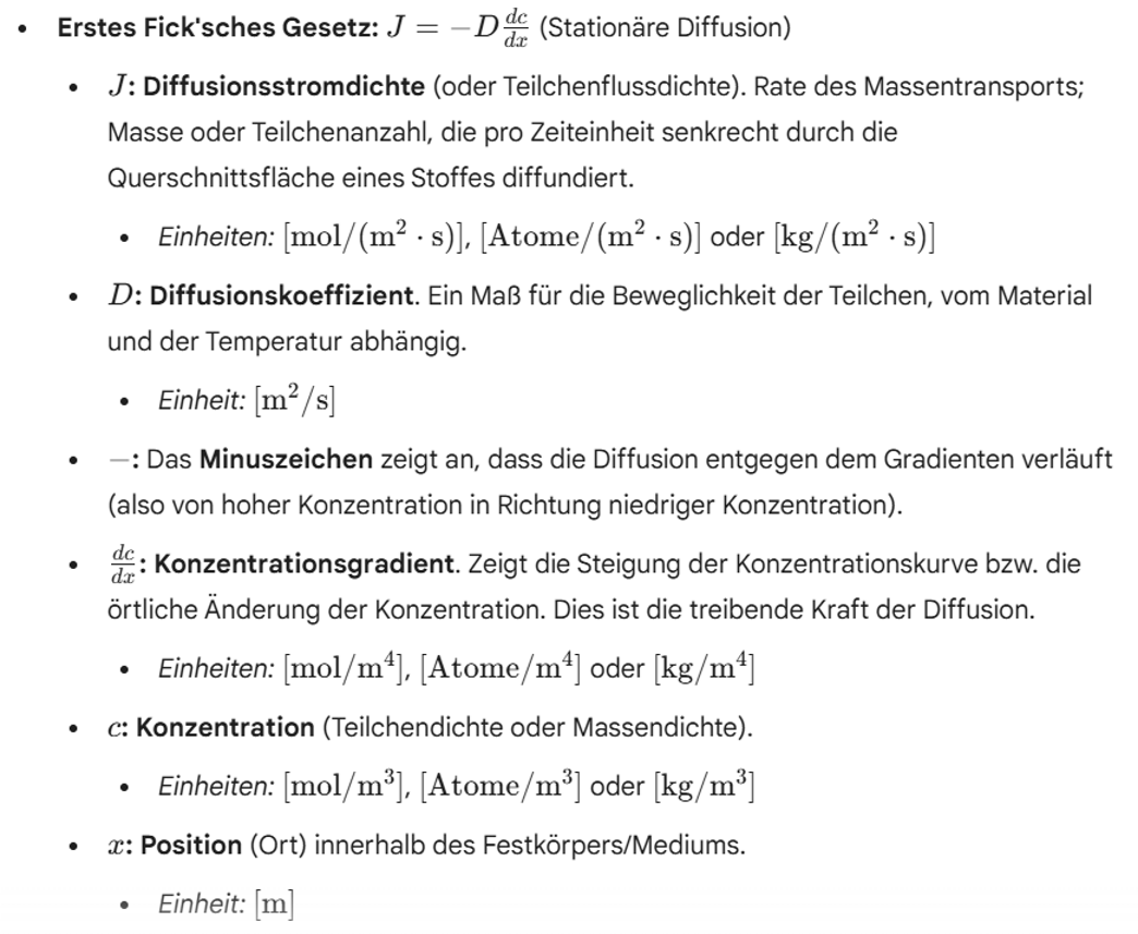 <p>$$ \frac{dC}{dx}=\frac{\Delta C}{\Delta x}=\frac{C_{A}-C_{B}}{x_{A}-x_{B}} $$ → Änderung der Konzentration auf einer Strecke</p><p>Das erste Fick’sche Gesetz beschreibt den stationären Zustand der Diffusion. Es besagt, dass der Teilchenstrom (oder Massenstrom) proportional zum Konzentrationsgefälle ist. Einfach ausgedrückt: Stoffe wandern immer von Bereichen hoher Konzentration zu Bereichen niedriger Konzentration.</p>