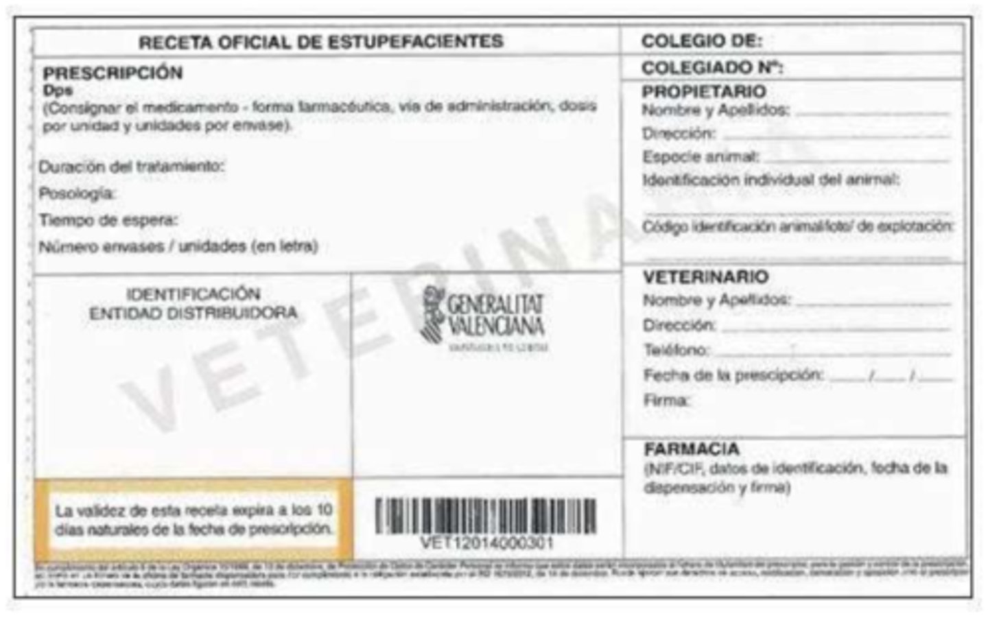 <p>no, there is a separate paper specifically for official prescription for narcotic drugs.</p><p>this prescription is issued by the health authority and can only be purchased from the Official College of Veterinarians. It consists of an original (for the pharmacist) and 2 copies (1 for the vet and 1 for the owner)</p>