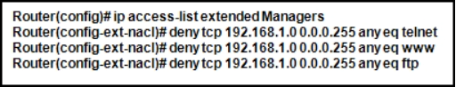 <p>Refer to the exhibit. The named ACL “Managers” already exists on the router. What will happen when the network administrator issues the commands that are shown in the exhibit?</p>