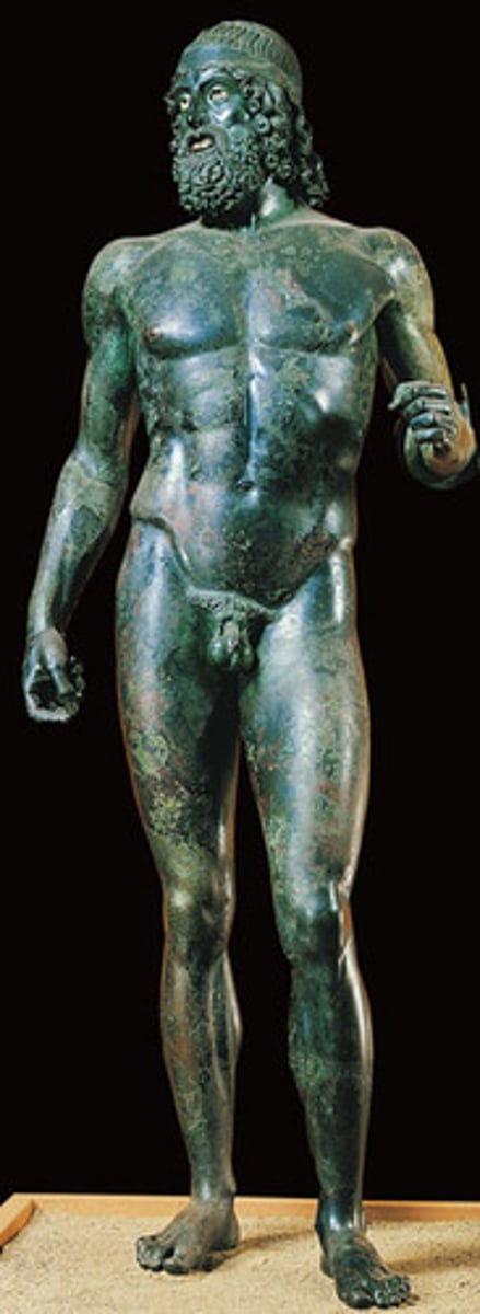 <p>the lost wax process. A bronze casting method in which a figure is modeled in clay and covered with wax and then recovered with clay. When fired in a kiln, the wax melts away, leaving a hollow channel between the two layers of clay which can be used as a mold for liquid metal</p>