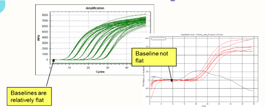 <ul><li><p><span>If baselines aren't flat, suspect:</span></p><ul><li><p><span>Sample evaporation</span></p></li><li><p><span>Bubbles</span></p></li><li><p><span>Reagents not thoroughly mixed</span></p></li><li><p><span>Baseline "window" not properly set</span></p></li></ul></li></ul><p></p>
