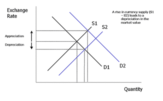 <p><span style="background-color: transparent;"><span>Money is flowing out of the domestic economy, and increasing the supply of the currency in the foreign exchange market. This causes a depreciation in the value of the currency. S1 to S2</span></span></p><p><span style="background-color: transparent;"><span>If there is an increased demand for a currency relative to its supply, its value can appreciate. Factors that influence demand include&nbsp;higher interest rates, a strong economy, attractive investment opportunities,D1 to D2</span></span></p>