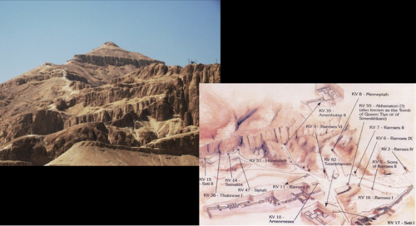 <p>- Royal tombs decorated with mythological images of the afterlife</p><p>i.e. journey of the sun god through the night</p><p>- Important for this to be in the tomb so that the king could be reborn every night</p><p>- Tombs carved into/hidden in the rock base</p>