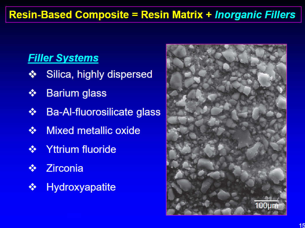 <ul><li><p>silica (highly dispersed) </p></li><li><p>barium glass </p></li><li><p>Ba-Al-fluorosilicate glass </p></li><li><p>mixed metallic oxide </p></li><li><p>Yttrium fluoride </p></li><li><p>zirconia </p></li><li><p>hydroxyapatite </p></li></ul><p></p>