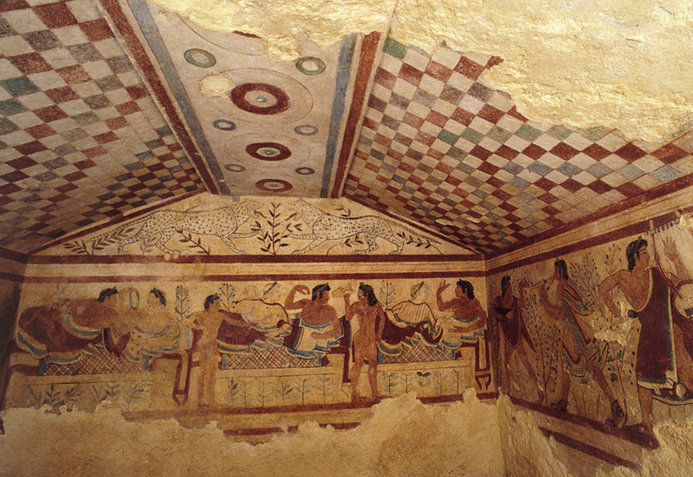 <ul><li><p>Leaopards are shown (duh)</p></li><li><p>Women are shown w/ white skin &amp; men in dark</p></li><li><p>Shows a banquet scene w/ servants, couples, musicians</p></li><li><p>A life like scene</p></li></ul><p></p>