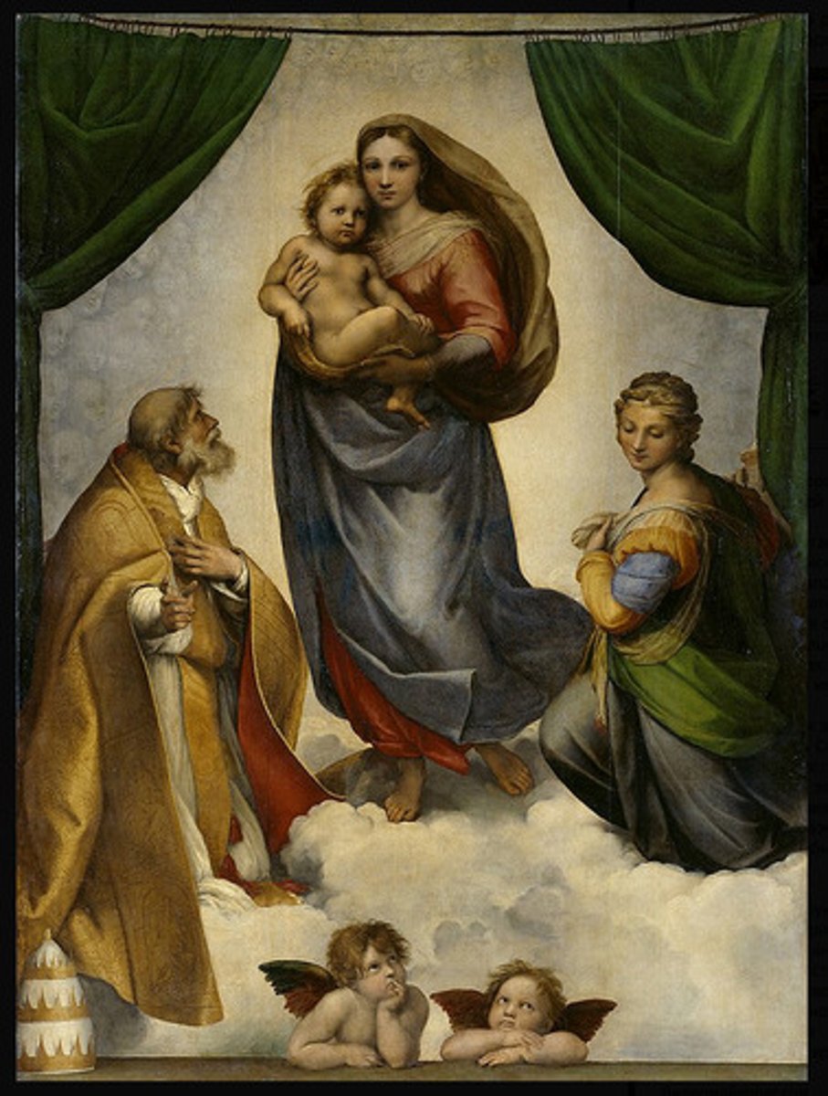 <p>Artist: Raphael</p><p>Location: San Sisto Piacenza (moved to Dresden)</p><p>Medium: Oil on canvas</p><p>Patron: Pope Julius</p><p>Important Info:</p><p>possibly meant to decorate the tomb of Julius II</p><p>St. Sixtus patron saint of della Rovere family</p><p>St. Barbara, patron saint of military man</p><p>originally going to be placed near a crucifixition</p><p>Who are the figures in the painting? Madonna, holding Christ Child and flanked by Saint Sixtus and Saint Barbara</p>