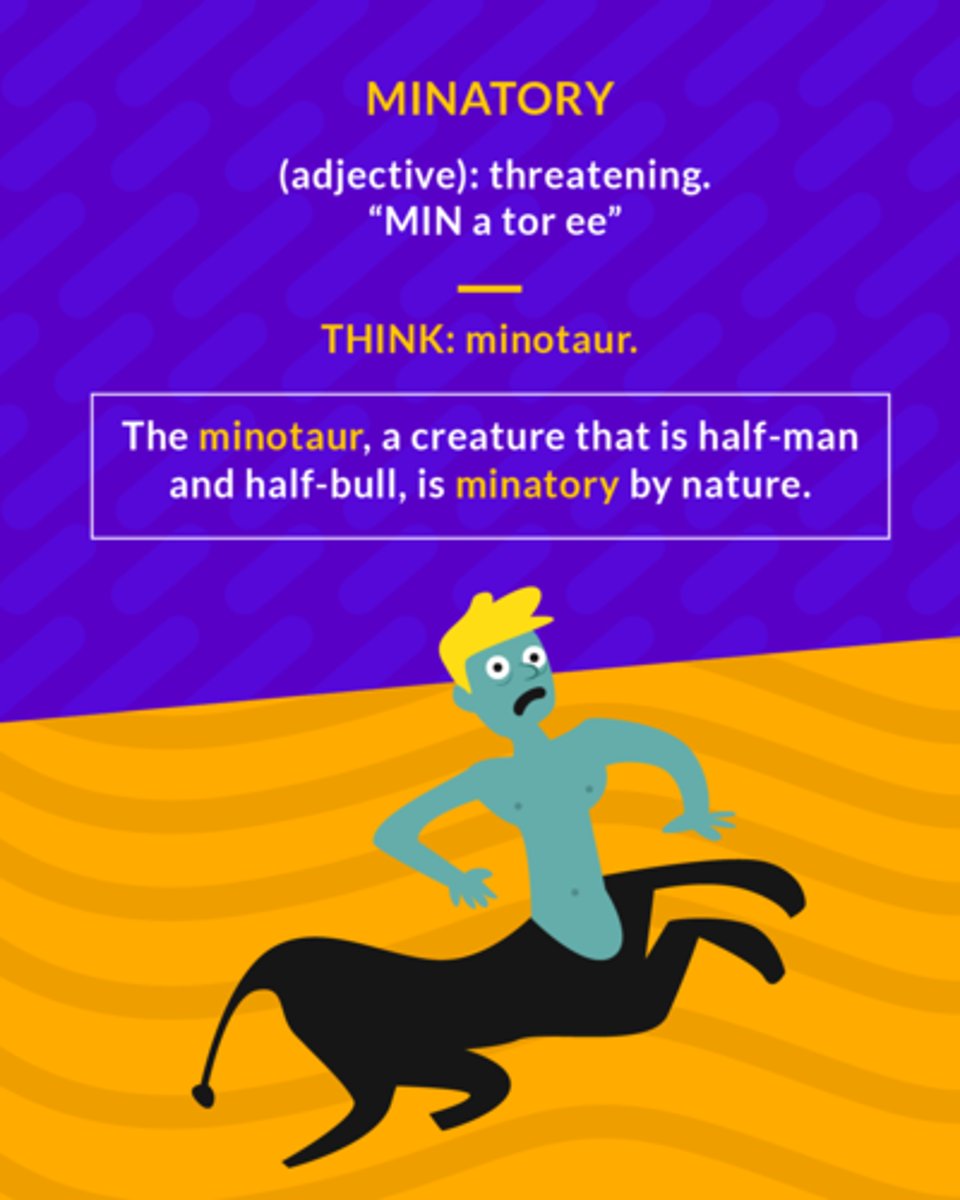 <p>Menacing; threatening</p><p>(adj.) thretening</p>