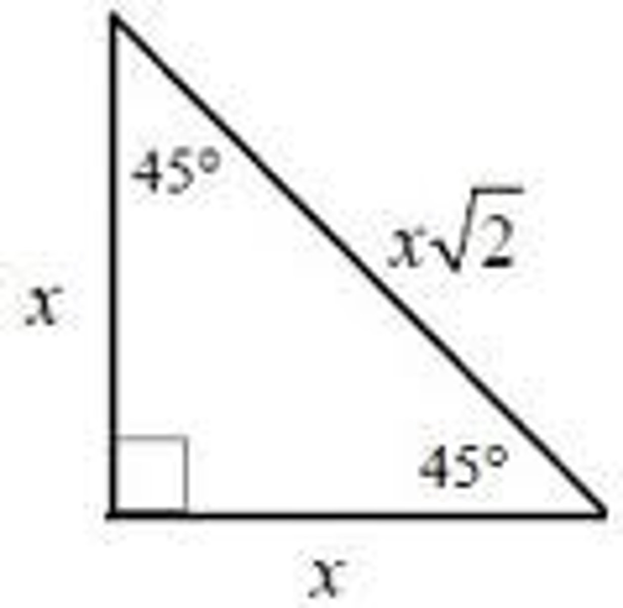 <p>Always in the ratio 1:1:√2<br>Isosceles right triangle</p>