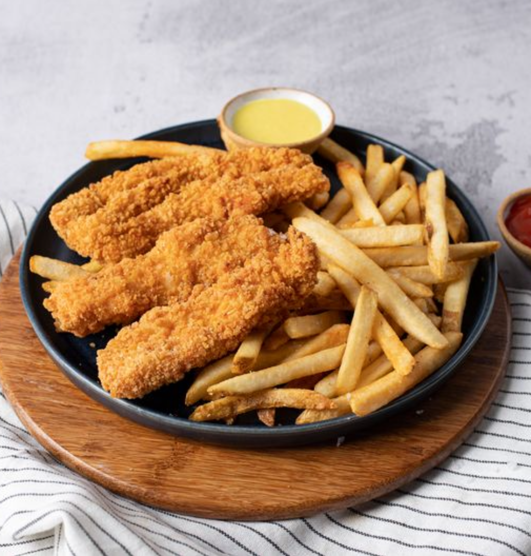 <p><span>panko-breaded chicken, sea salted fries, honey mustard dip</span></p><p><span>Fresh and breaded daily. </span></p>