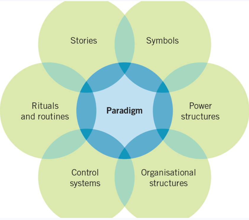 <p>The cultural web shows the <strong>behavioral</strong>, <strong>physical </strong>and <strong>symbolic manifestations </strong>of a <strong><u>culture</u> </strong>that inform and are informed by the taken-for-granted <strong>assumptions</strong>, or paradigm (patterns), of an organisation.</p>