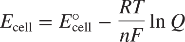 <p>an equation stating that the voltage of an electrochemical cell under any conditions depends on the standard cell voltage and the concentrations of the cell components </p>