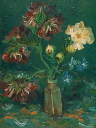 <p>Van Gogh, Small Bottle with peonies and blue delphiniums, June-July 1886, Oil on cardboard, 34 × 27 cm</p>