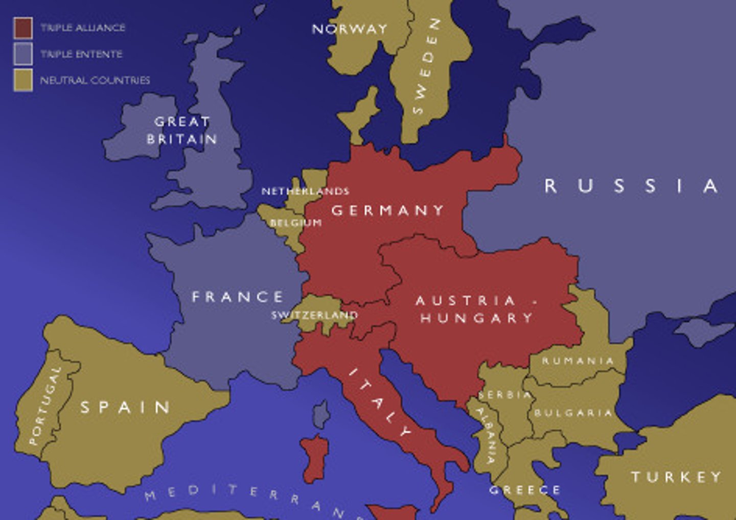 <p>This alliance during WWI included Great Britain, France, Russia and Italy (switched to the Allied Powers in 1915) and eventually the United States. (The blue countries of the East and West on map above)</p>