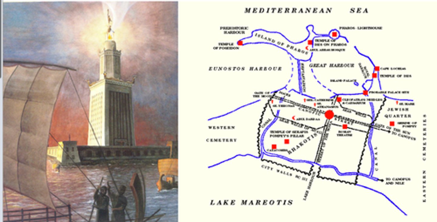 <p>A coastal city on the Nile delta in Egypt, it was founded by Alexander the Great in 331 BC. It became the capital of the Ptolemaic Kingdom and was famous for its library, lighthouse, and museum. It was built on a grid of 90 degree angles.</p>