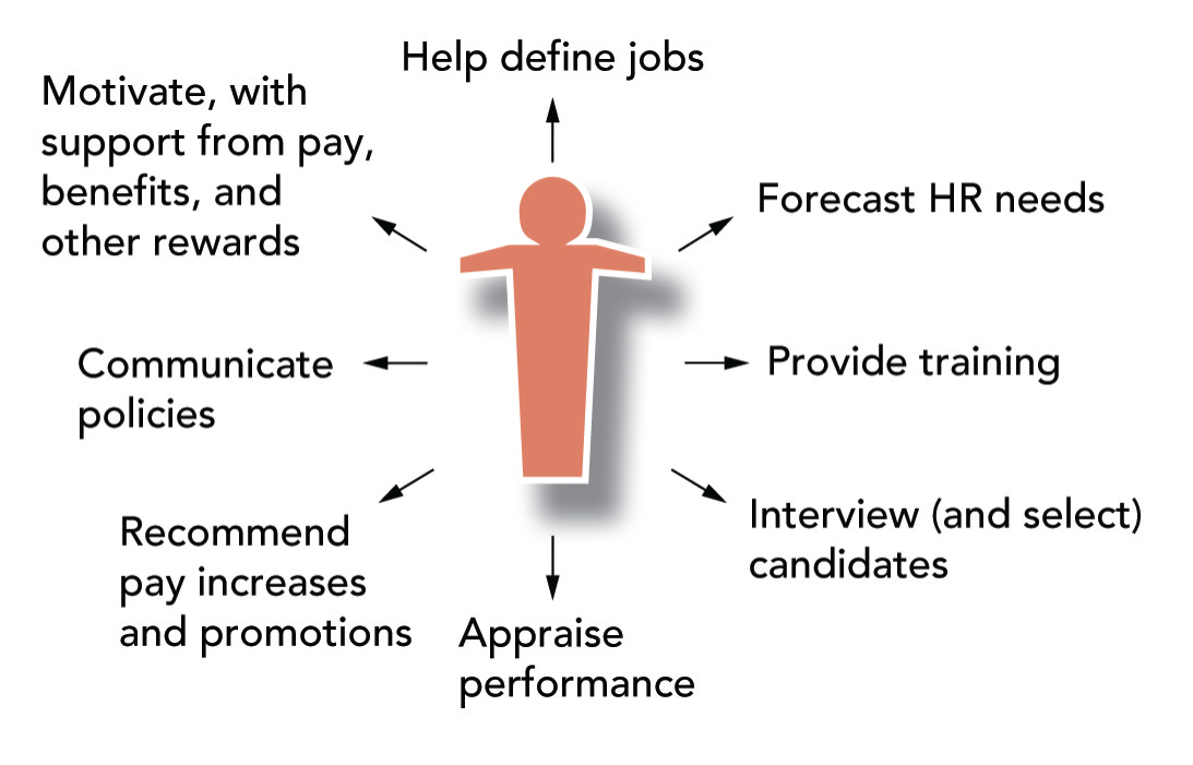 <p>Define jobs</p><p>motivate with pay benefits ect.</p><p>communicate policies</p><p>recommend pay increases and promotions</p><p>appraise performance</p><p>interview and select canidates</p><p>provide training</p><p>forecast HR needs</p>