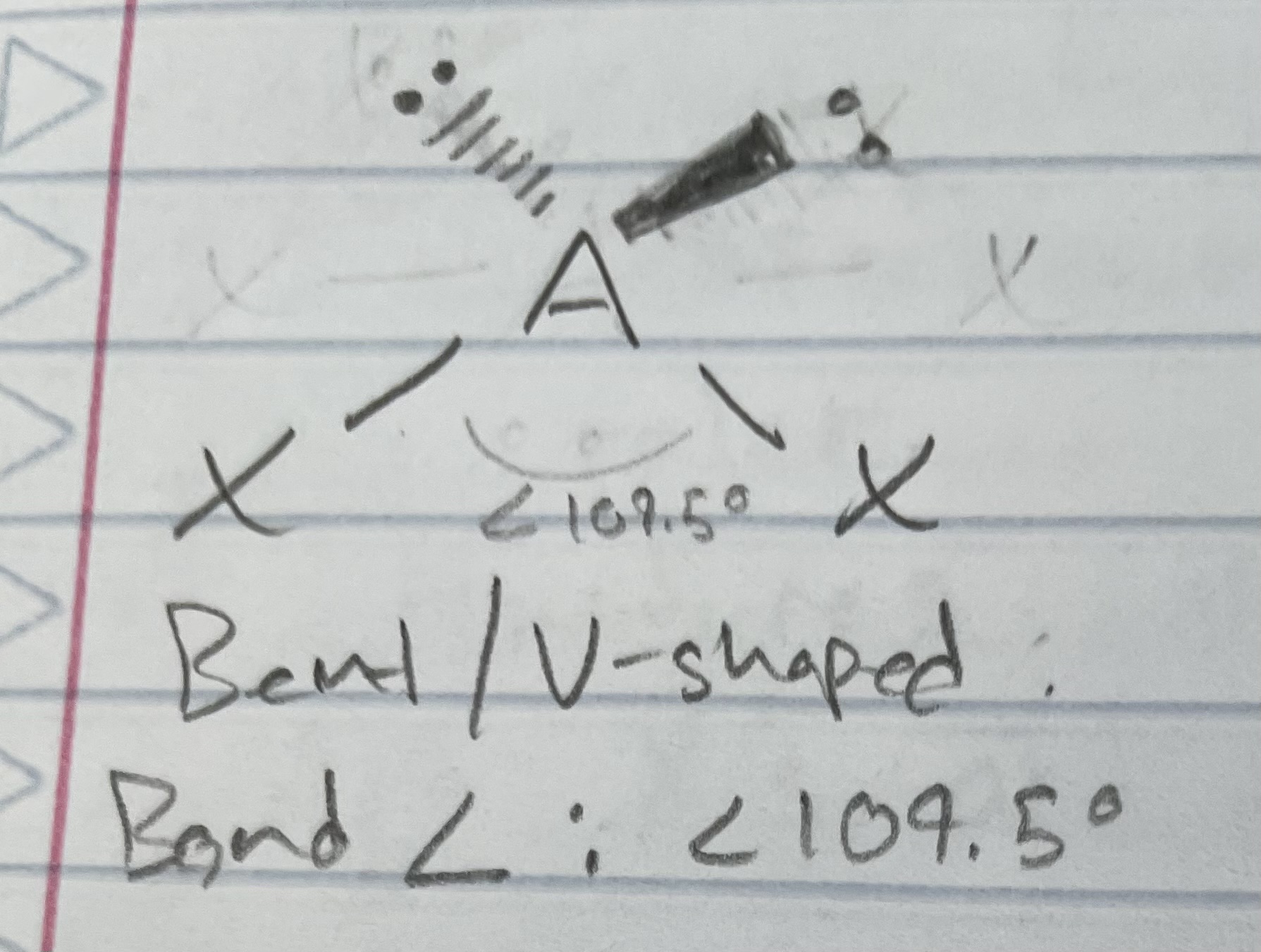 <p>Bent/V-shaped</p><p>Angle: &lt;109.5</p>