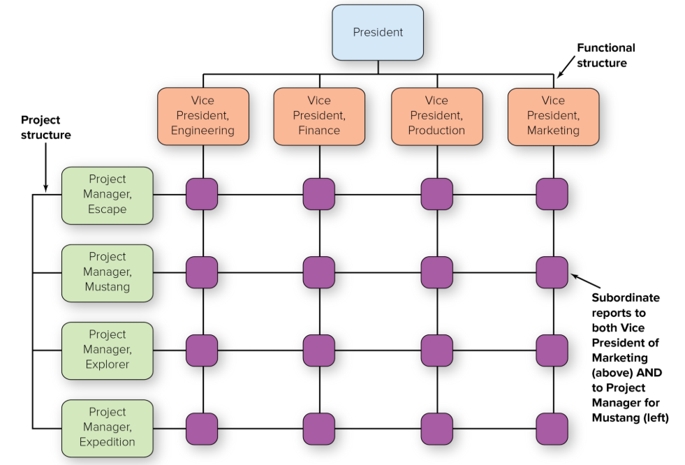 <p>Combines functional and divisional chains of command in a grid so that there are two command structures—vertical and horizontal</p>