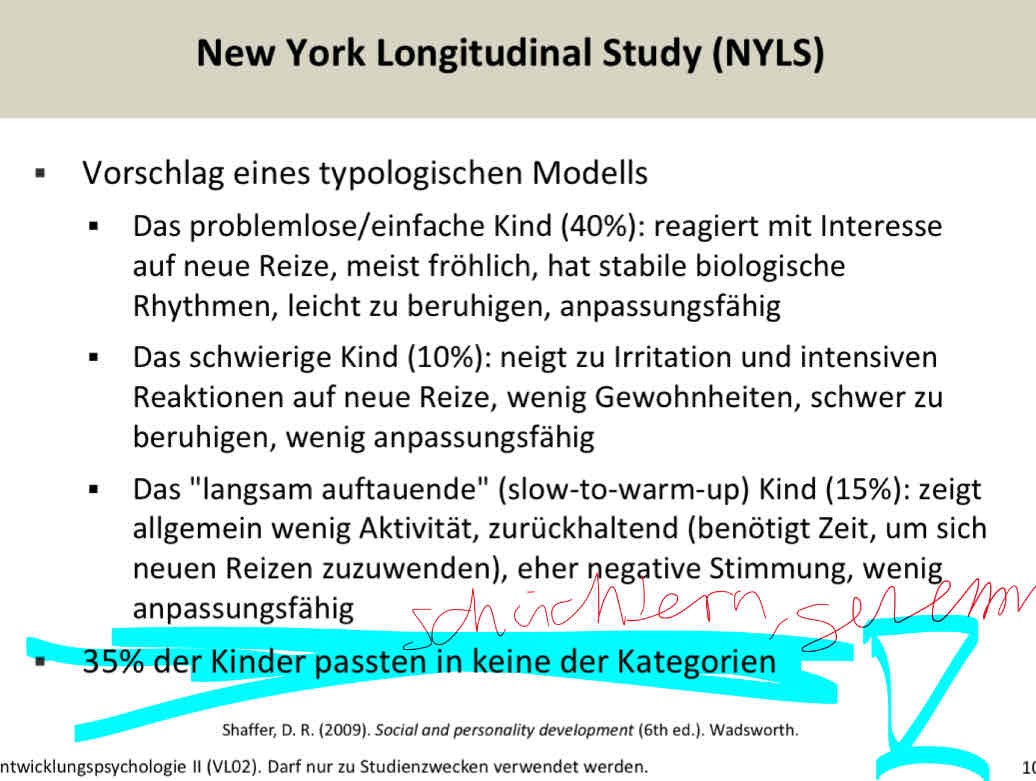 <ul><li><p>biologische Rhythmen meint stabile Schlaf, Essensrhyrthmen und toilette</p></li><li><p>anpassungsfähigkeit bezieht sich auf neue Situationen</p></li><li><p>slow-to-water-up babies sind auch wenig anpasungsfähig aber sie reagieren mit nicht so viel QWut auf unbekannte Situationen wie ‘schwierige’ babies</p></li></ul>