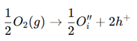 <ul><li><p><strong>VO</strong><span style="font-family: &quot;Cambria Math&quot;, serif"><strong>⋅⋅</strong></span><span style="font-family: Arial, sans-serif"><strong>​</strong></span> = Oxygen vacancy</p></li><li><p><strong>O_O</strong> = Oxygen atom in the lattice</p></li><li><p>Generates <strong>free electrons</strong>, increasing conductivity.</p></li></ul><p></p>